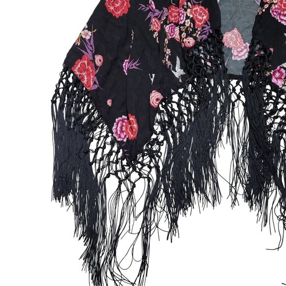 Torrid Floral Fringe Trim‎ Kimono Womens Size 3 Black Pink Rayon Boho Bloomcore - Picture 2 of 8